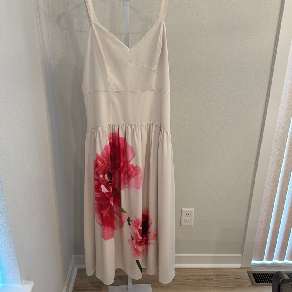 Express Cream Midi Dress with Pink Floral Design